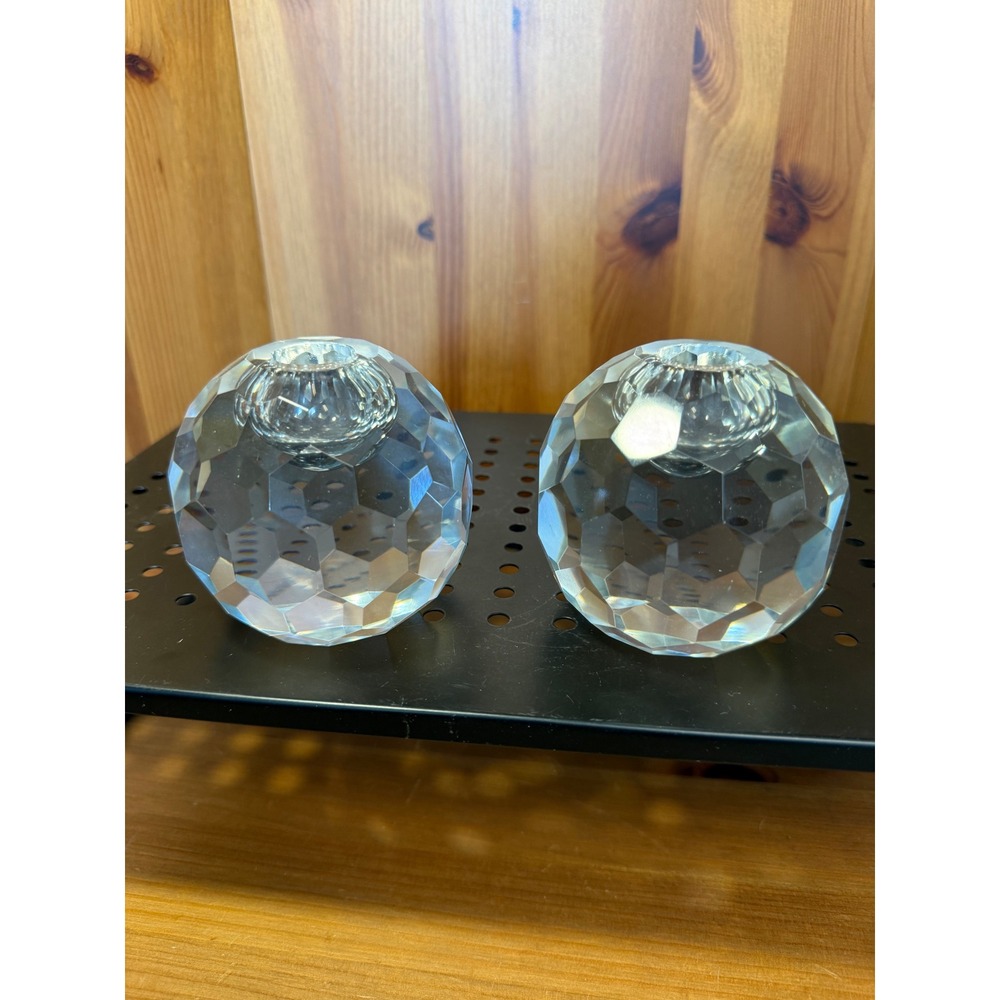 Pair Vintage Faceted Crystal Glass Candle Holders Round 3.5" Heavy Clear